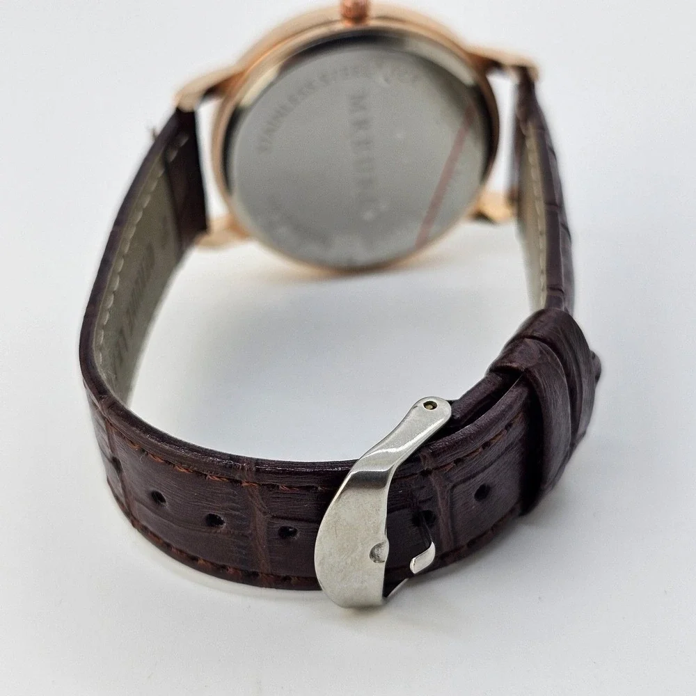 Men's‎ Watch 40MM White Gold Case Dial Brown Leather Bands New Battery